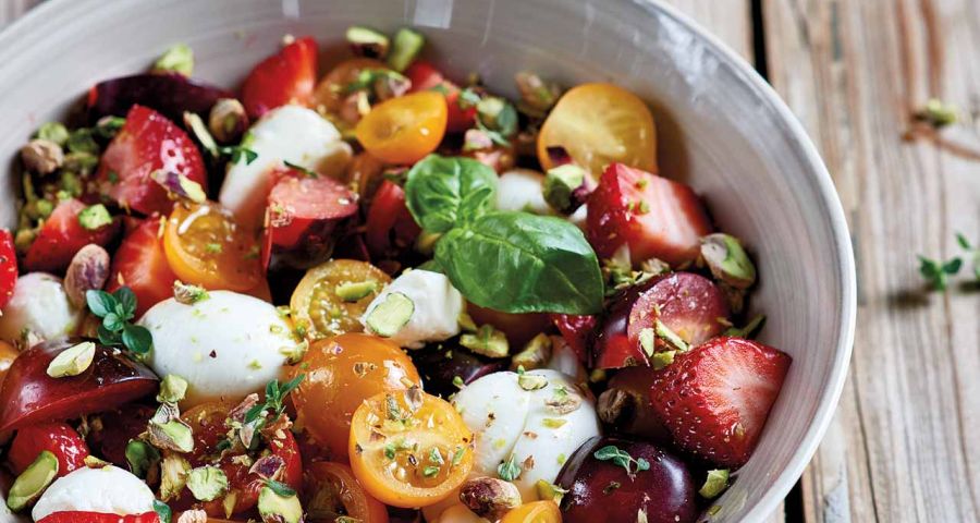 Mini mozzarella, tomato and strawberry caprese salad