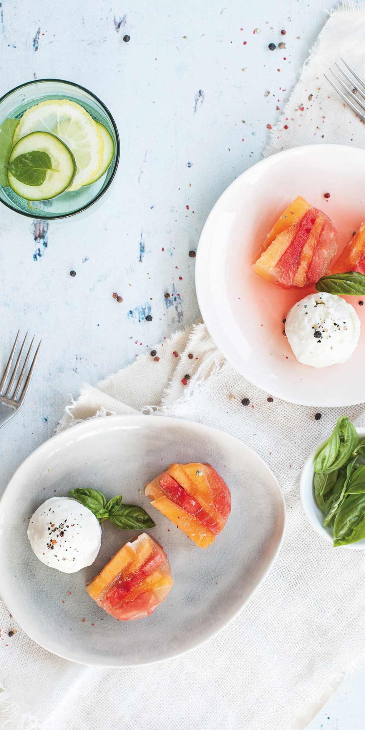 Terrina di cocomero e melone con gelato di mozzarella e basilico
