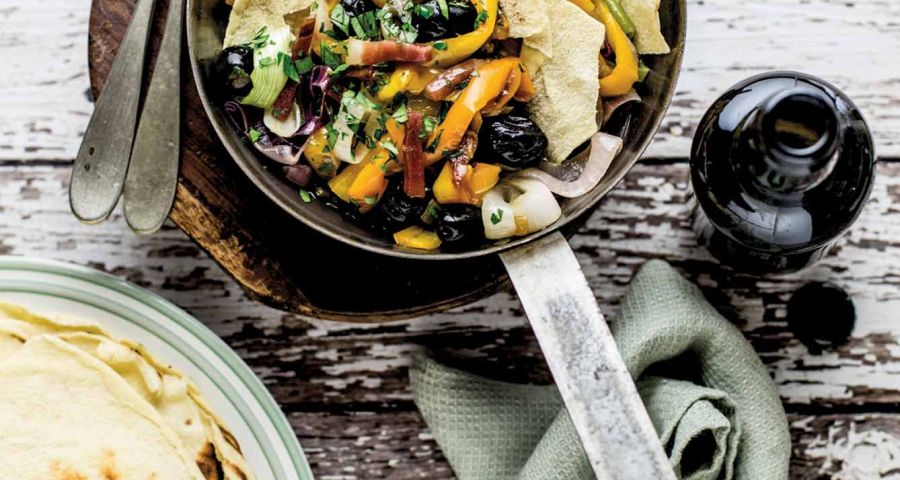 Pan-fried peppers and Culaccia