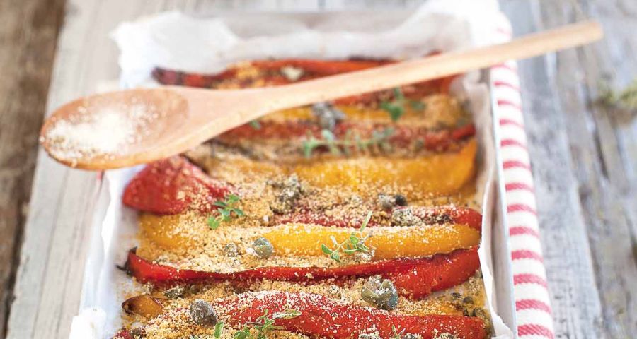 Baked peppers sprinkled with seasoned breadcrumbs