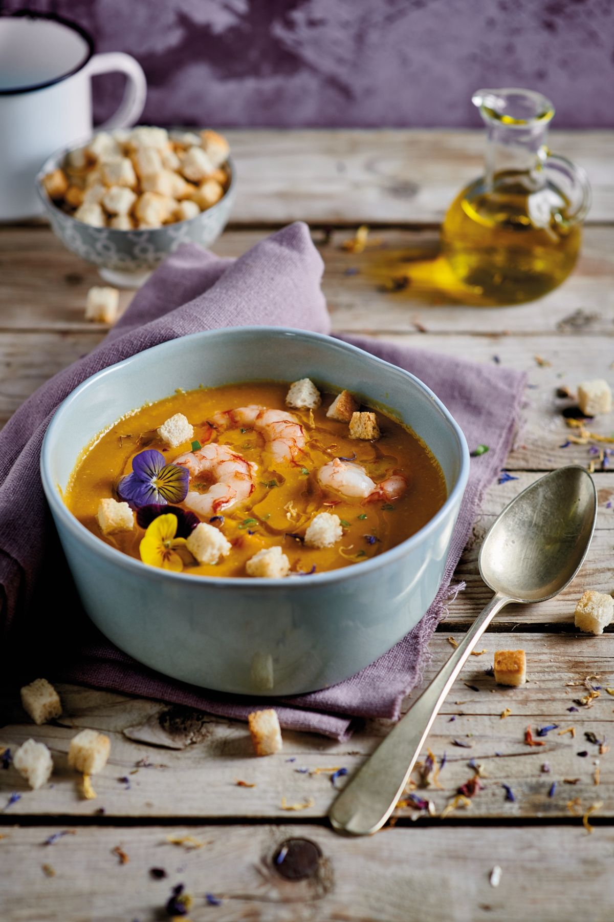 Crema di zucca saporita con gamberi