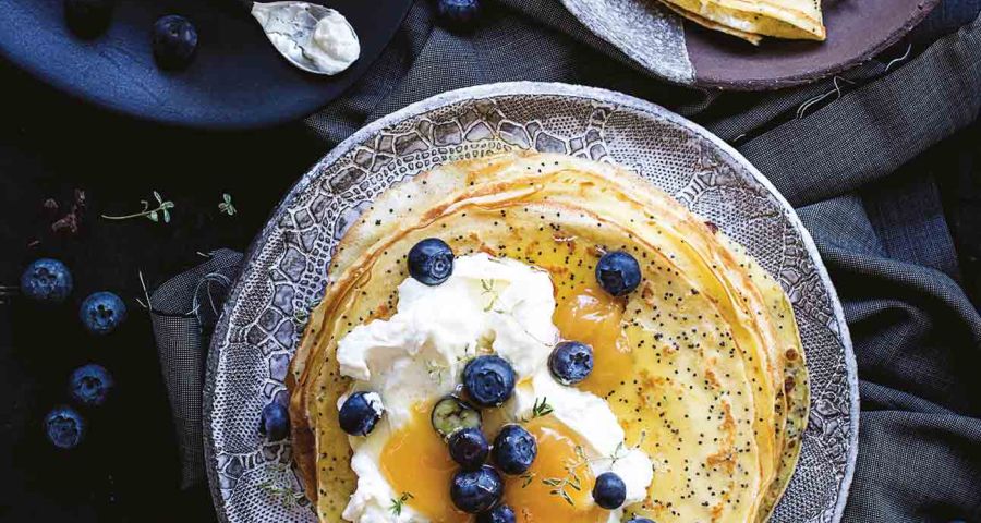 Lemon and poppy seed crêpes with cheese and lemon curd