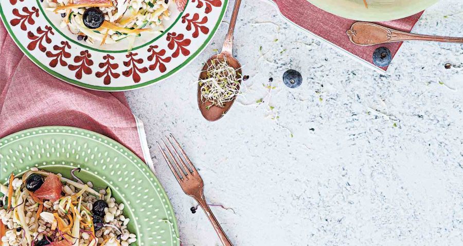 Barley salad with sprouts and blueberries