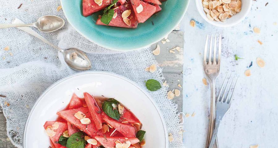 Sweet watermelon and elderflower syrup soup