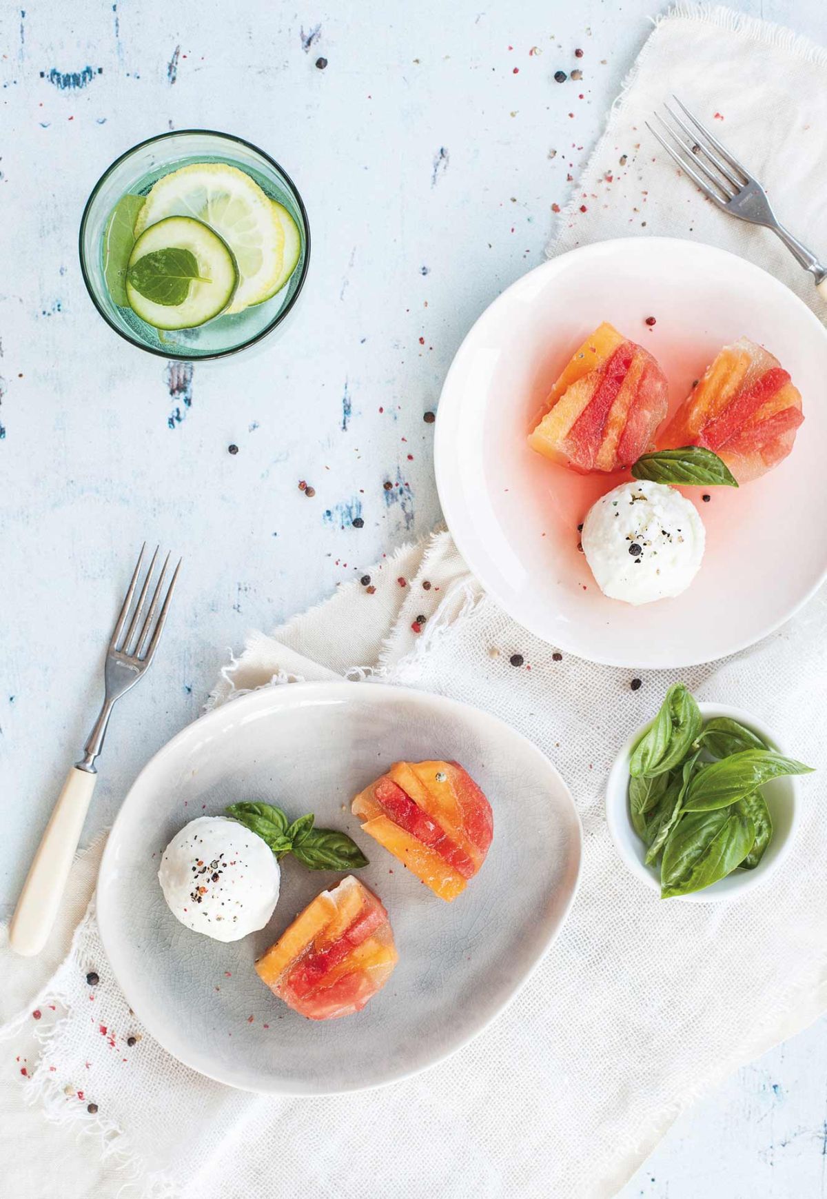 Terrina di cocomero e melone con gelato di mozzarella e basilico