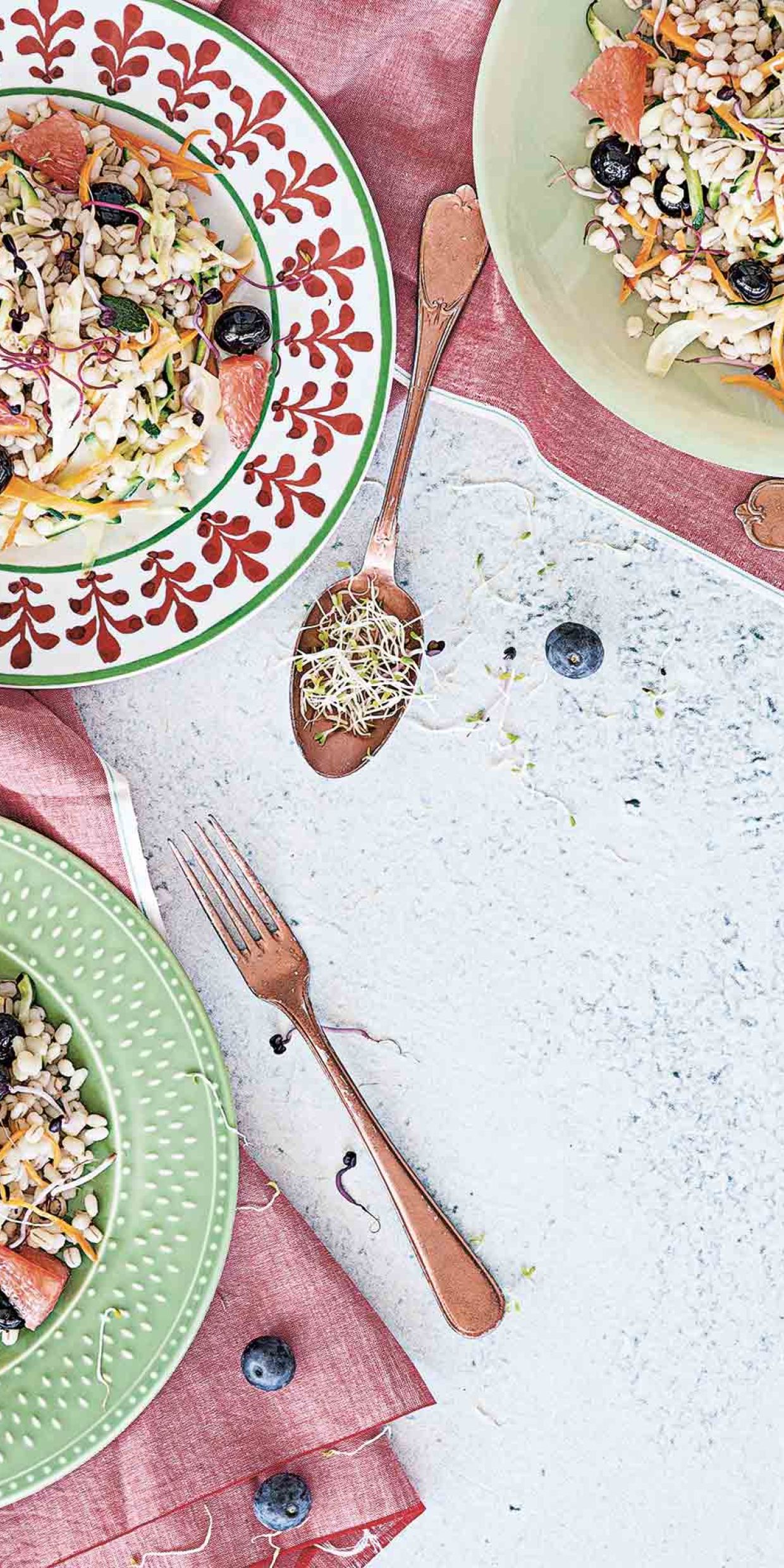 Insalata di orzo con germogli e mirtilli