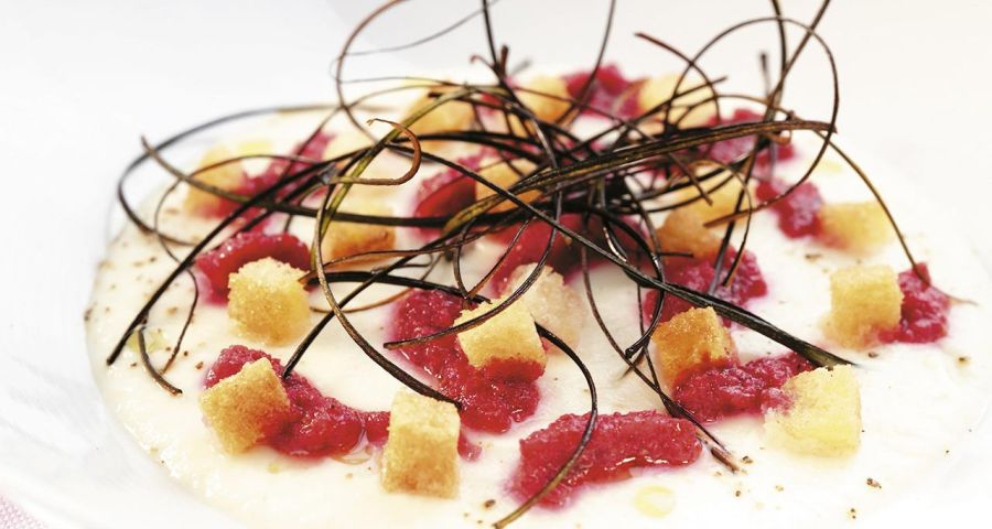 Kohlrabi purée with beetroot sauce