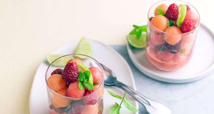 Melon, watermelon and raspberry mojito fruit salad
