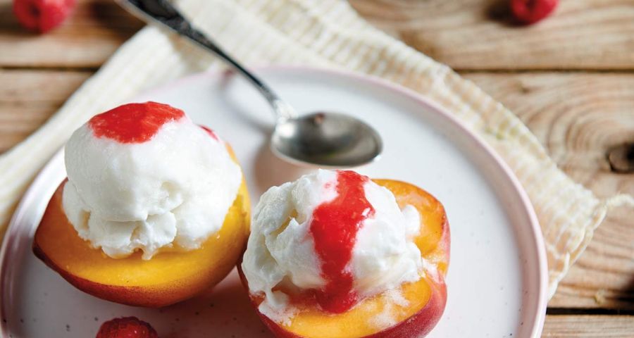Peaches with coconut sorbet