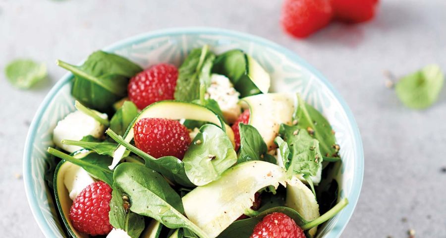 Courgette, baby spinach, raspberry and feta salad