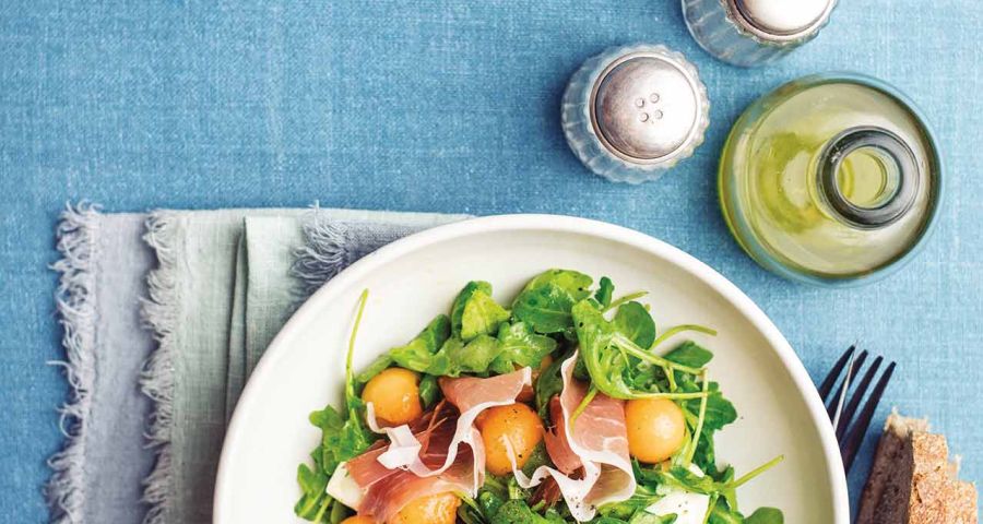 Rocket, melon, mini mozzarella and speck salad