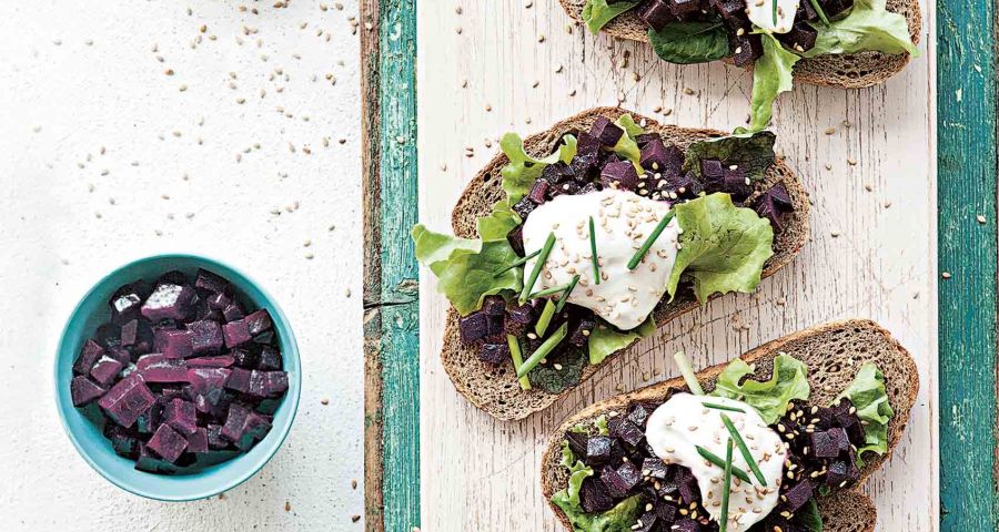 beetroot, lollo lettuce and yoghurt bruschettas